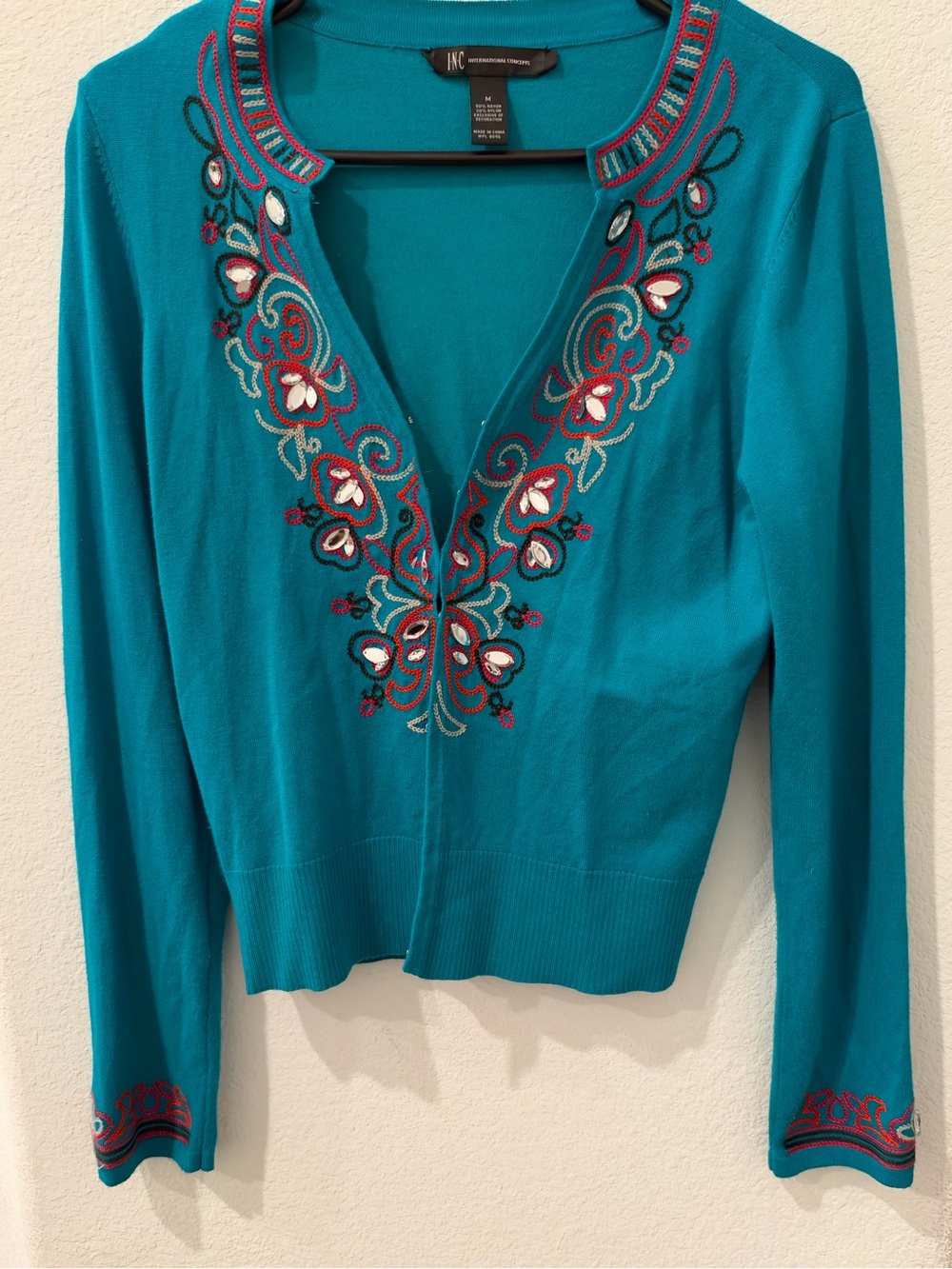 INC International Concepts Teal Embroidered V‑Neck Cardigan